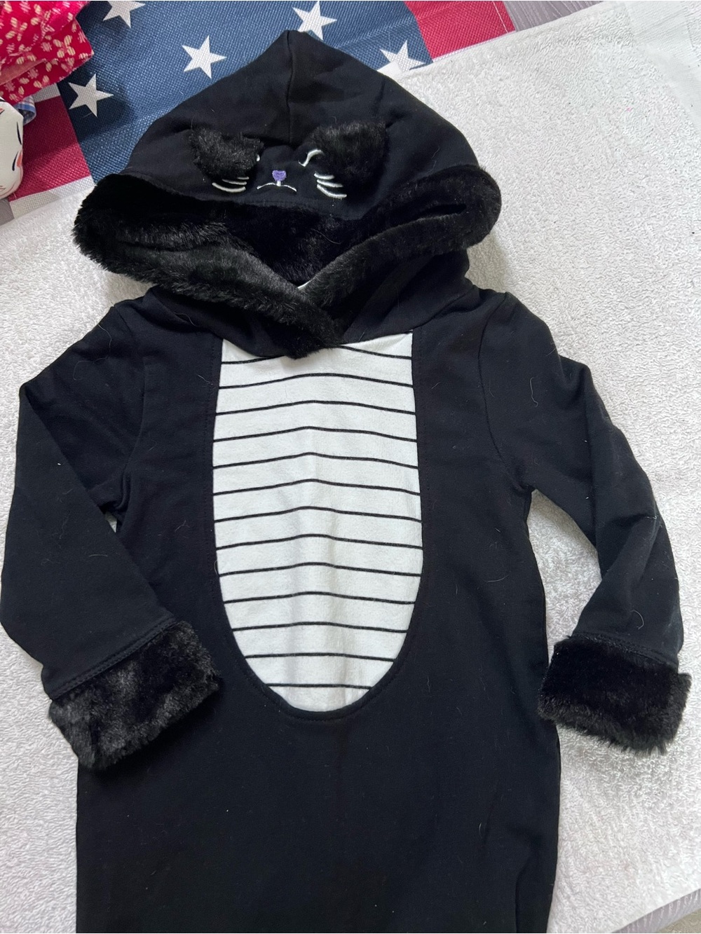 Cat & Jack Baby 12M Black Cat Costume Hooded Romper Halloween Furry Ears Tail